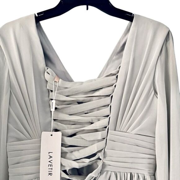Lavetir Silver Chiffon V-Neck Long Formal A-Line Dress Lace Up Back Size Small - Picture 10 of 14